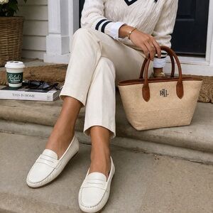 Ausland White Leather Driving Loafers Womens Size 40 Slip On Minimal Preppy